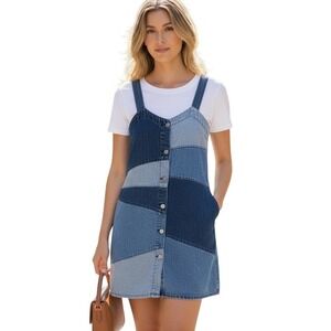 GAP Patchwork Denim Pinafore Dress Blue Jean Button Front Retro Y2K Vibes XS